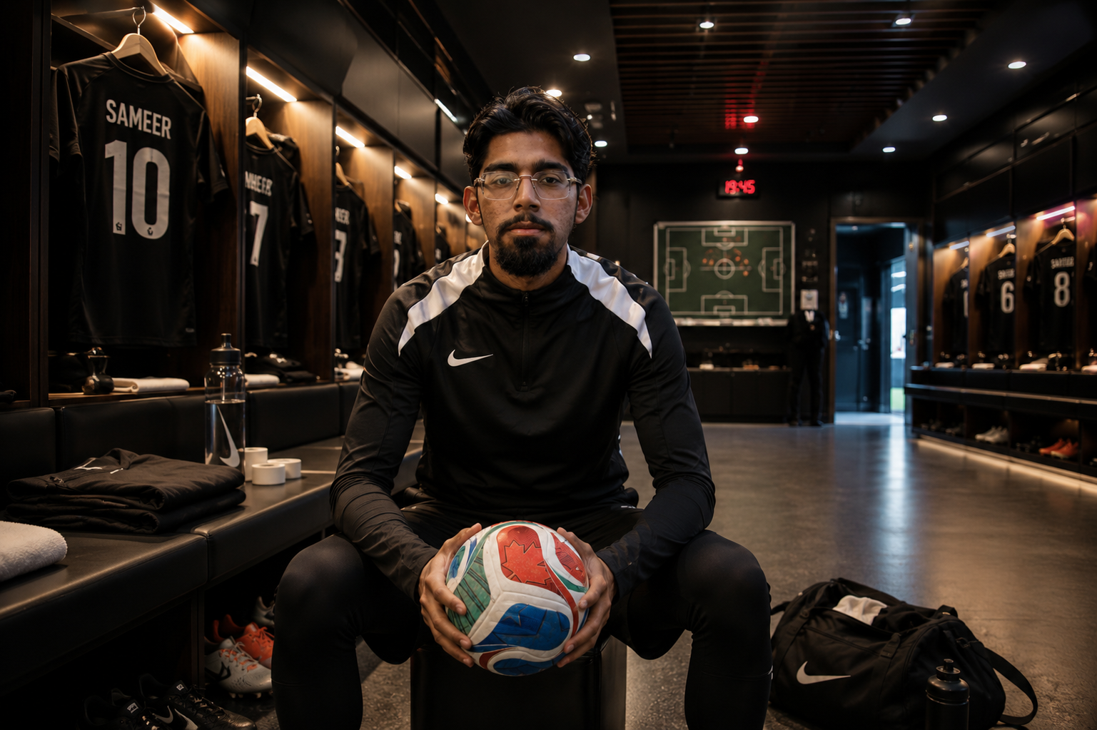 Muhammed Nabeel Arbee in the dressing room before a session