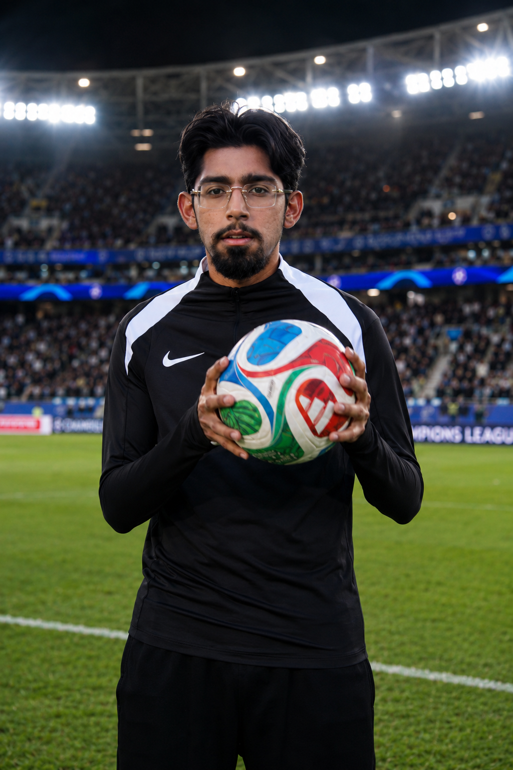 Muhammed Nabeel Arbee on a floodlit training pitch