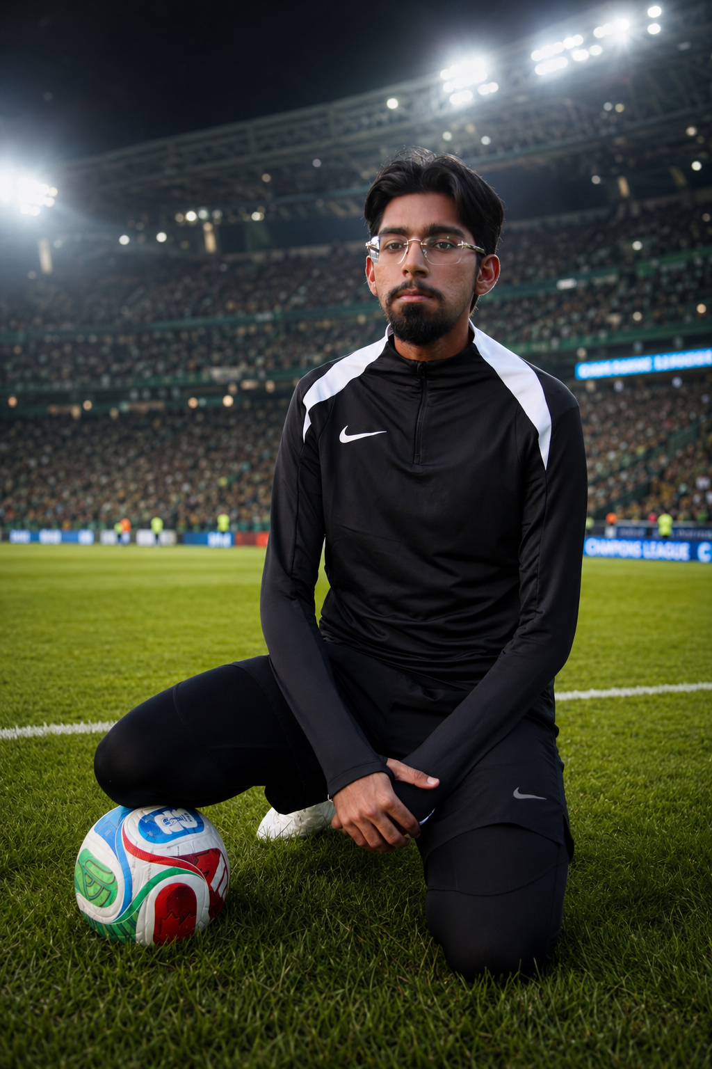 Muhammed Nabeel Arbee kneeling on a floodlit match pitch